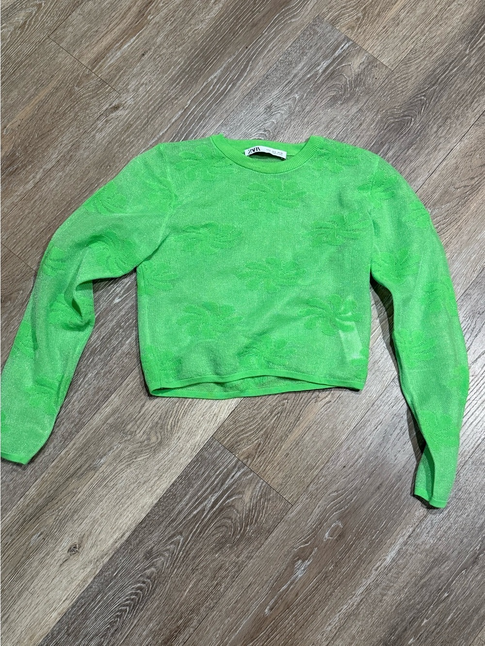 Zara Neon Lime Green Cropped Crewneck Sweater